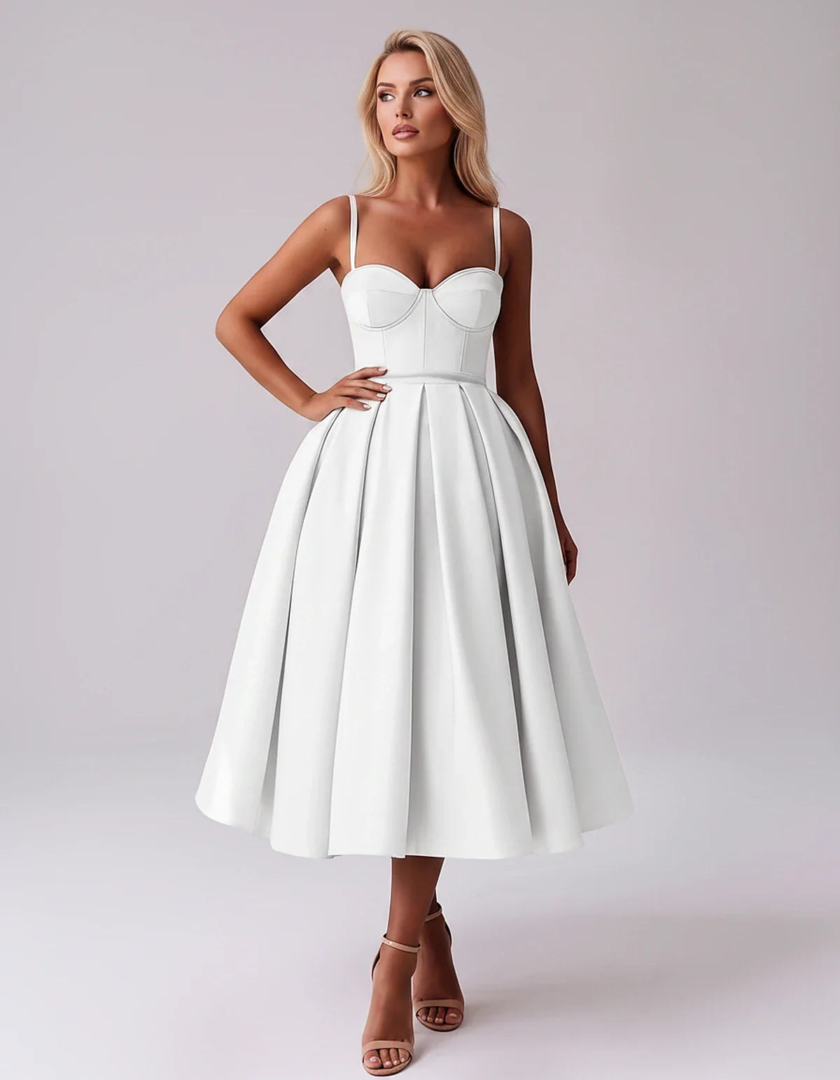 Tea Length Satin Spaghetti Strap Sweetheart A-Line Midi Dress for Party, Cocktail, Evening, Wedding Guest & Formal Events Sum | SKU: MD-482913750618392-WHITE-L,MD-482913750618392-WHITE-M,MD-482913750618392-WHITE-S,MD-482913750618392-WHITE-XL,MD-482913750618392-WHITE-XS