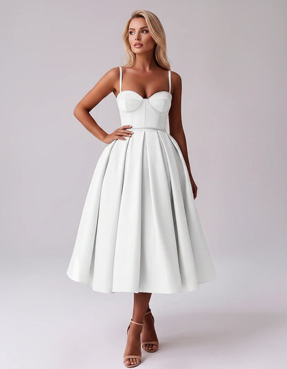 Tea Length Satin Spaghetti Strap Sweetheart A-Line Midi Dress for Party, Cocktail, Evening, Wedding Guest & Formal Events Sum | SKU: MD-482913750618392-WHITE-L,MD-482913750618392-WHITE-M,MD-482913750618392-WHITE-S,MD-482913750618392-WHITE-XL,MD-482913750618392-WHITE-XS