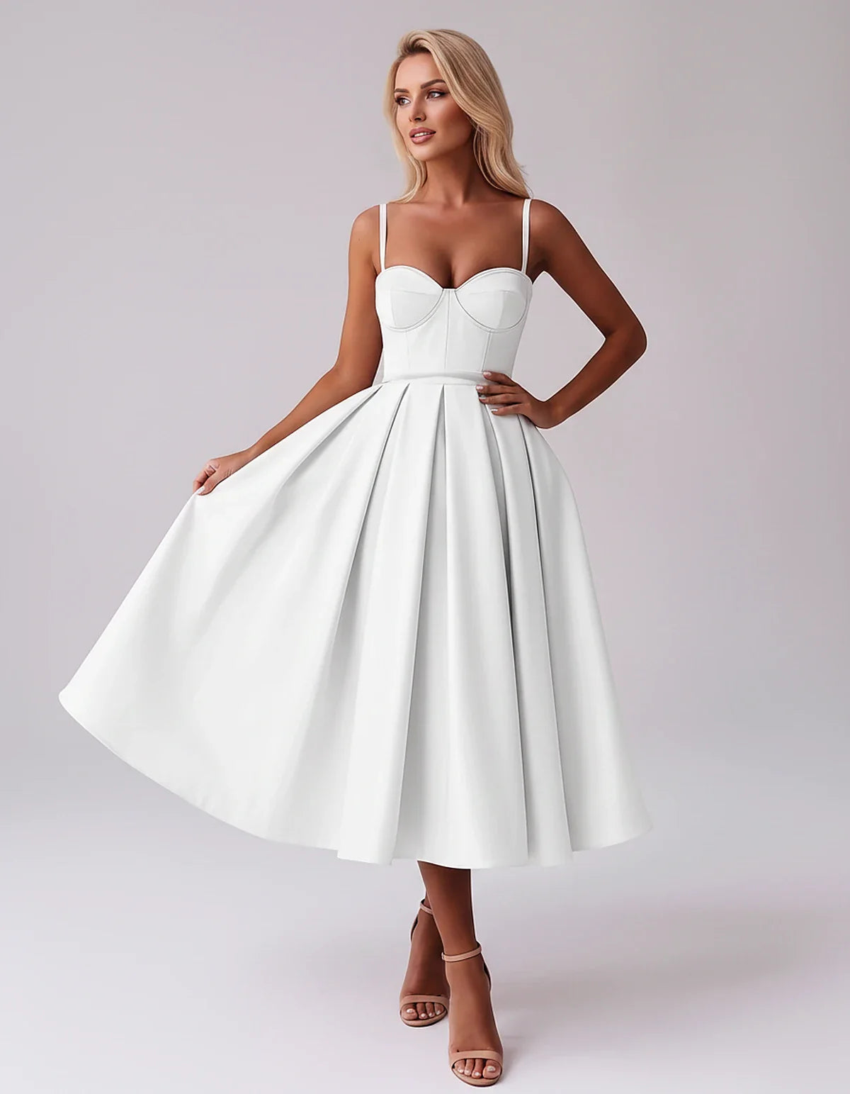 Tea Length Satin Spaghetti Strap Sweetheart A-Line Midi Dress for Party, Cocktail, Evening, Wedding Guest & Formal Events Sum | SKU: MD-482913750618392-WHITE-L,MD-482913750618392-WHITE-M,MD-482913750618392-WHITE-S,MD-482913750618392-WHITE-XL,MD-482913750618392-WHITE-XS