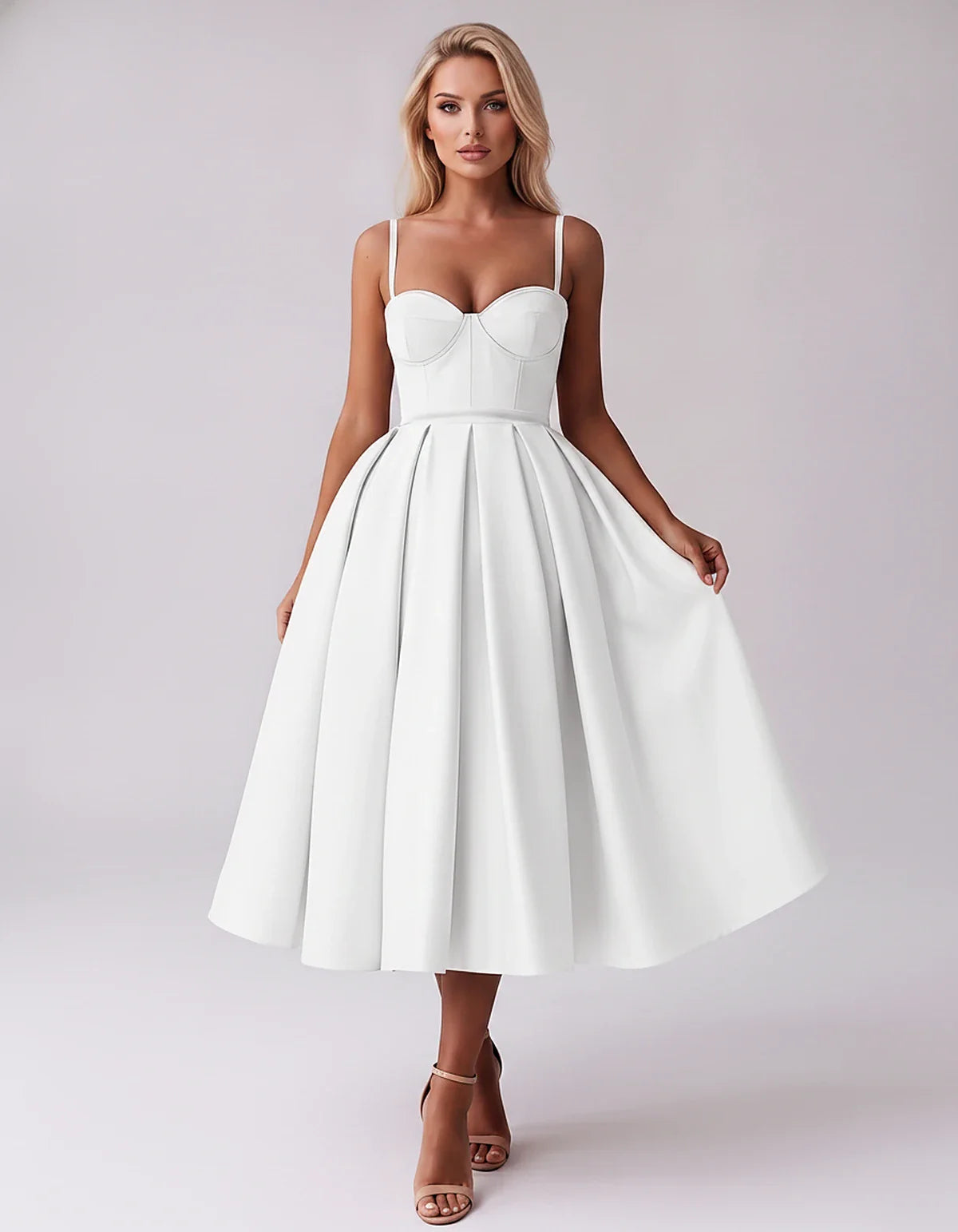 Tea Length Satin Spaghetti Strap Sweetheart A-Line Midi Dress for Party, Cocktail, Evening, Wedding Guest & Formal Events Sum | SKU: MD-482913750618392-WHITE-L,MD-482913750618392-WHITE-M,MD-482913750618392-WHITE-S,MD-482913750618392-WHITE-XL,MD-482913750618392-WHITE-XS