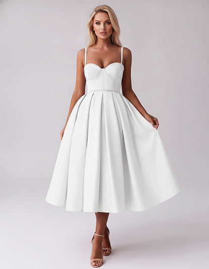 Tea Length Satin Spaghetti Strap Sweetheart A-Line Midi Dress for Party, Cocktail, Evening, Wedding Guest & Formal Events Sum | SKU: MD-482913750618392-WHITE-L,MD-482913750618392-WHITE-M,MD-482913750618392-WHITE-S,MD-482913750618392-WHITE-XL,MD-482913750618392-WHITE-XS