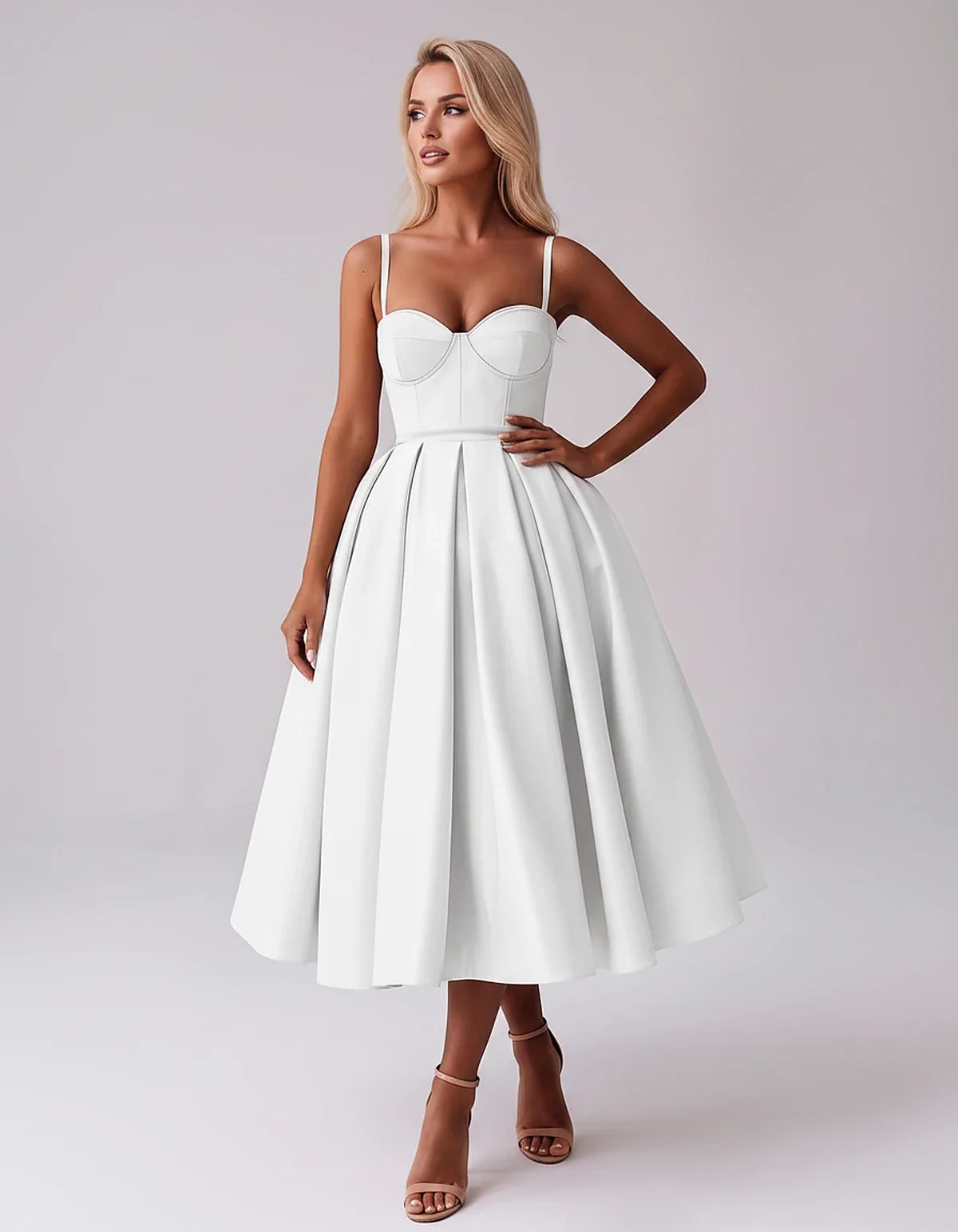 Tea Length Satin Spaghetti Strap Sweetheart A-Line Midi Dress for Party, Cocktail, Evening, Wedding Guest & Formal Events Sum | SKU: MD-482913750618392-WHITE-L,MD-482913750618392-WHITE-M,MD-482913750618392-WHITE-S,MD-482913750618392-WHITE-XL,MD-482913750618392-WHITE-XS