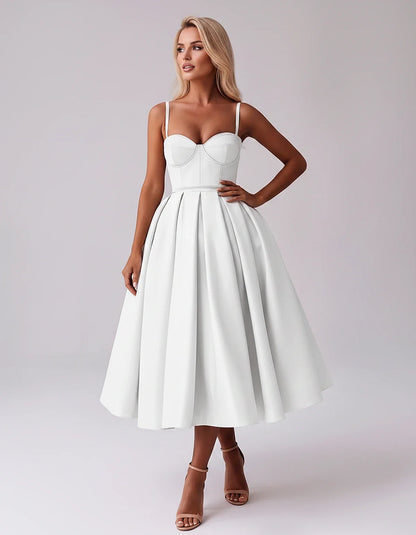 Tea Length Satin Spaghetti Strap Sweetheart A-Line Midi Dress for Party, Cocktail, Evening, Wedding Guest & Formal Events Sum | SKU: MD-482913750618392-WHITE-L,MD-482913750618392-WHITE-M,MD-482913750618392-WHITE-S,MD-482913750618392-WHITE-XL,MD-482913750618392-WHITE-XS