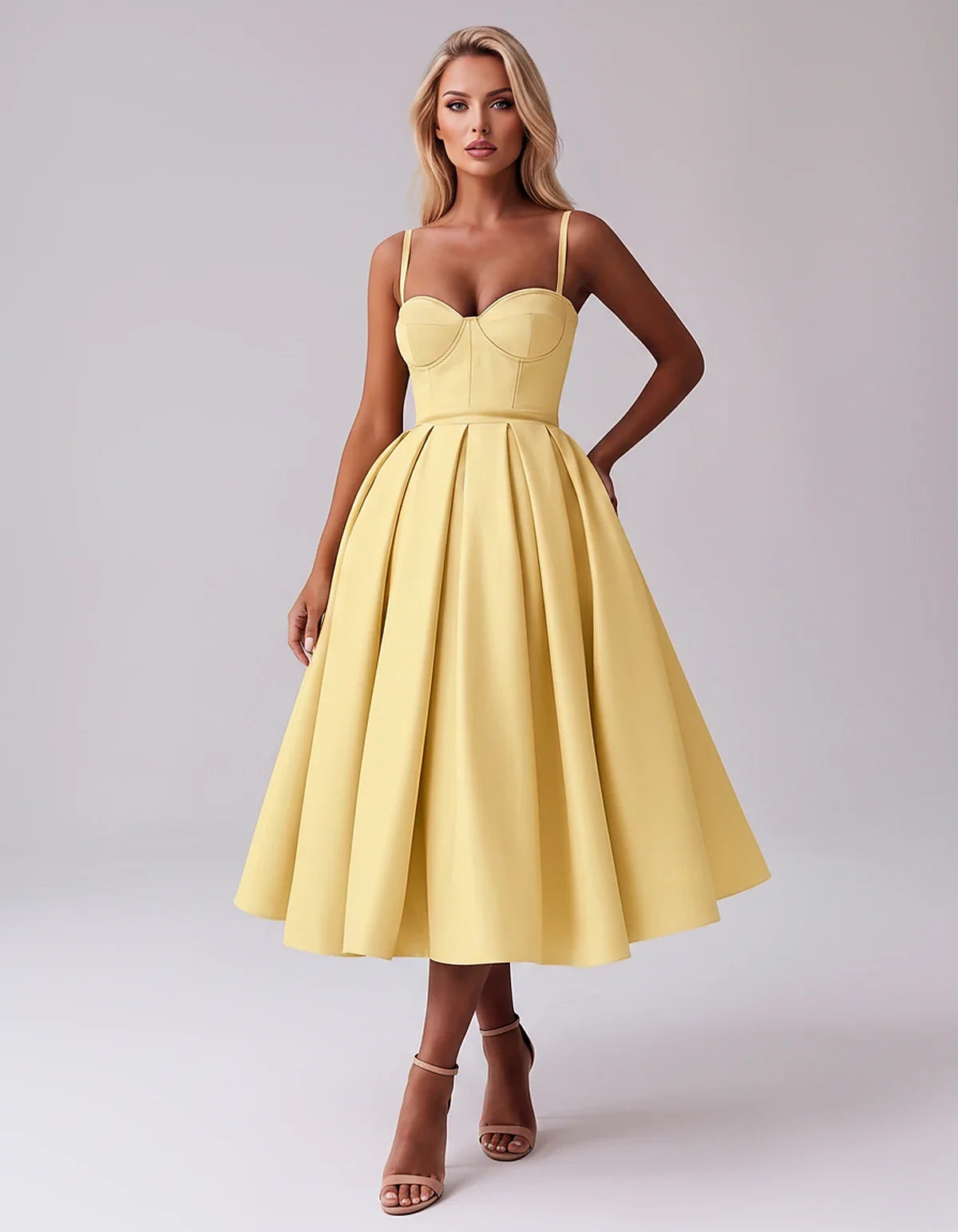 Tea Length Satin Spaghetti Strap Sweetheart A-Line Midi Dress for Party, Cocktail, Evening, Wedding Guest & Formal Events Sum | SKU: MD-482913750618392-YELLOW-L,MD-482913750618392-YELLOW-M,MD-482913750618392-YELLOW-S,MD-482913750618392-YELLOW-XL,MD-482913750618392-YELLOW-XS