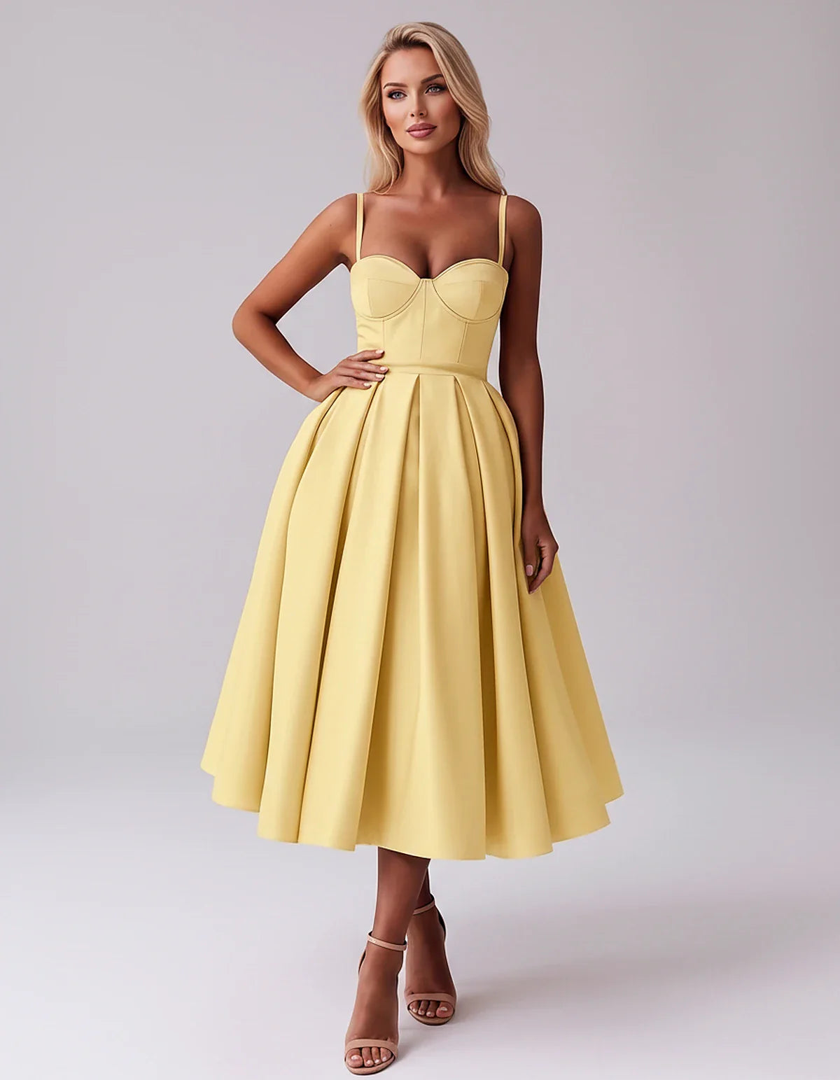 Tea Length Satin Spaghetti Strap Sweetheart A-Line Midi Dress for Party, Cocktail, Evening, Wedding Guest & Formal Events Sum | SKU: MD-482913750618392-YELLOW-L,MD-482913750618392-YELLOW-M,MD-482913750618392-YELLOW-S,MD-482913750618392-YELLOW-XL,MD-482913750618392-YELLOW-XS