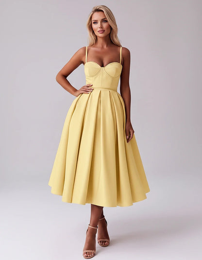 Tea Length Satin Spaghetti Strap Sweetheart A-Line Midi Dress for Party, Cocktail, Evening, Wedding Guest & Formal Events Sum | SKU: MD-482913750618392-YELLOW-L,MD-482913750618392-YELLOW-M,MD-482913750618392-YELLOW-S,MD-482913750618392-YELLOW-XL,MD-482913750618392-YELLOW-XS