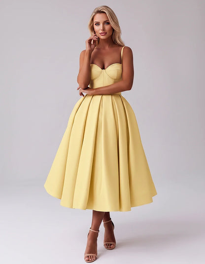 Tea Length Satin Spaghetti Strap Sweetheart A-Line Midi Dress for Party, Cocktail, Evening, Wedding Guest & Formal Events Sum | SKU: MD-482913750618392-YELLOW-L,MD-482913750618392-YELLOW-M,MD-482913750618392-YELLOW-S,MD-482913750618392-YELLOW-XL,MD-482913750618392-YELLOW-XS