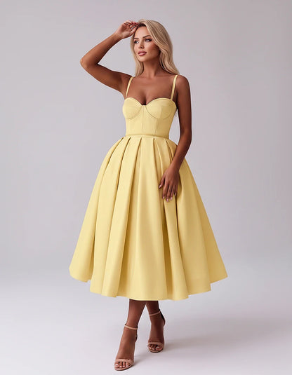 Tea Length Satin Spaghetti Strap Sweetheart A-Line Midi Dress for Party, Cocktail, Evening, Wedding Guest & Formal Events Sum | SKU: MD-482913750618392-YELLOW-L,MD-482913750618392-YELLOW-M,MD-482913750618392-YELLOW-S,MD-482913750618392-YELLOW-XL,MD-482913750618392-YELLOW-XS