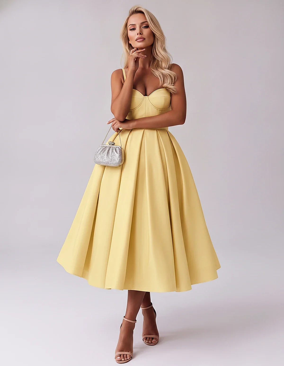 Tea Length Satin Spaghetti Strap Sweetheart A-Line Midi Dress for Party, Cocktail, Evening, Wedding Guest & Formal Events Sum | SKU: MD-482913750618392-YELLOW-L,MD-482913750618392-YELLOW-M,MD-482913750618392-YELLOW-S,MD-482913750618392-YELLOW-XL,MD-482913750618392-YELLOW-XS