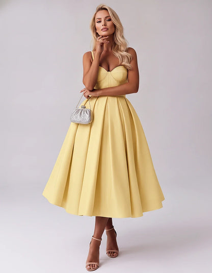 Tea Length Satin Spaghetti Strap Sweetheart A-Line Midi Dress for Party, Cocktail, Evening, Wedding Guest & Formal Events Sum | SKU: MD-482913750618392-YELLOW-L,MD-482913750618392-YELLOW-M,MD-482913750618392-YELLOW-S,MD-482913750618392-YELLOW-XL,MD-482913750618392-YELLOW-XS