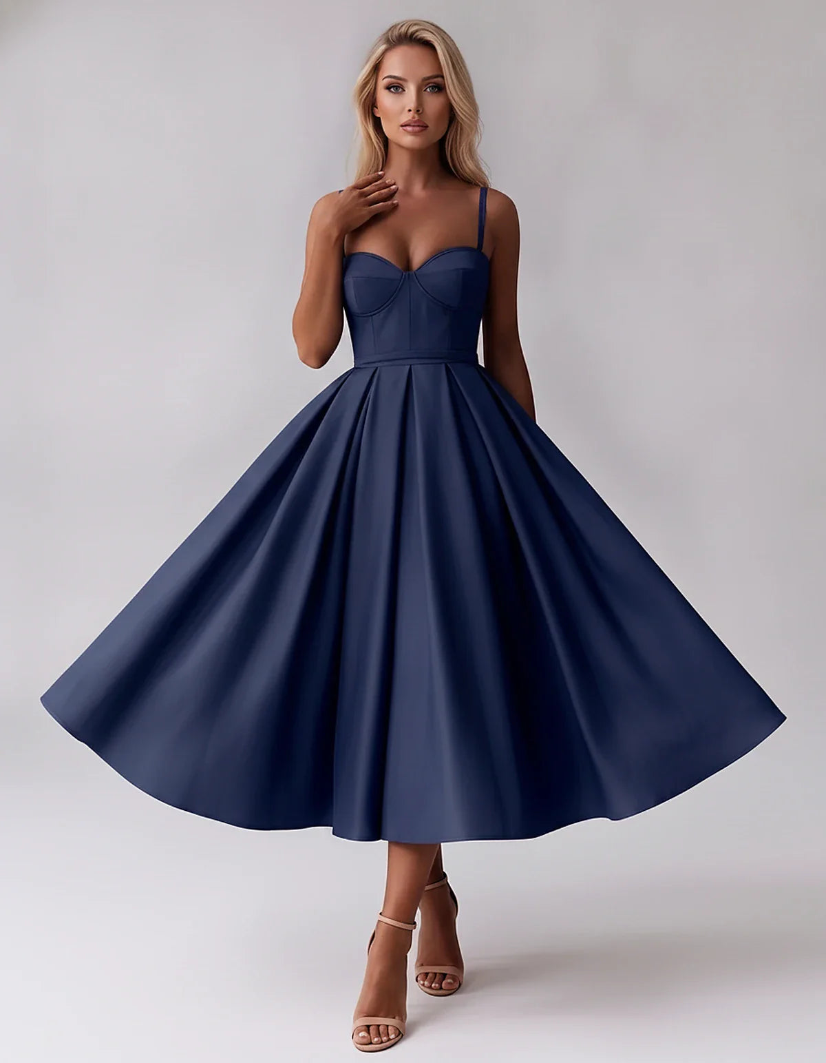 Tea Length Satin Spaghetti Strap Sweetheart A-Line Midi Dress for Party, Cocktail, Evening, Wedding Guest & Formal Events Sum | SKU: MD-482913750618392-NAVY-L,MD-482913750618392-NAVY-M,MD-482913750618392-NAVY-S,MD-482913750618392-NAVY-XL,MD-482913750618392-NAVY-XS