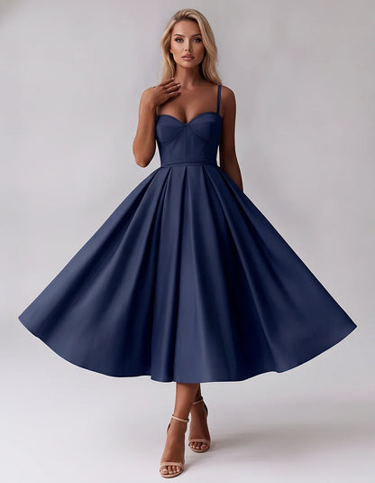 Tea Length Satin Spaghetti Strap Sweetheart A-Line Midi Dress for Party, Cocktail, Evening, Wedding Guest & Formal Events Sum | SKU: MD-482913750618392-NAVY-L,MD-482913750618392-NAVY-M,MD-482913750618392-NAVY-S,MD-482913750618392-NAVY-XL,MD-482913750618392-NAVY-XS