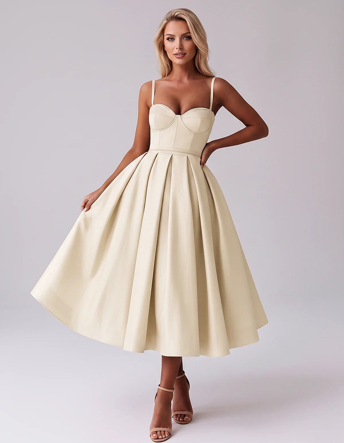 Tea Length Satin Spaghetti Strap Sweetheart A-Line Midi Dress for Party, Cocktail, Evening, Wedding Guest & Formal Events Sum | SKU: MD-482913750618392-CHAMPAGNE-L,MD-482913750618392-CHAMPAGNE-M,MD-482913750618392-CHAMPAGNE-S,MD-482913750618392-CHAMPAGNE-XL,MD-482913750618392-CHAMPAGNE-XS