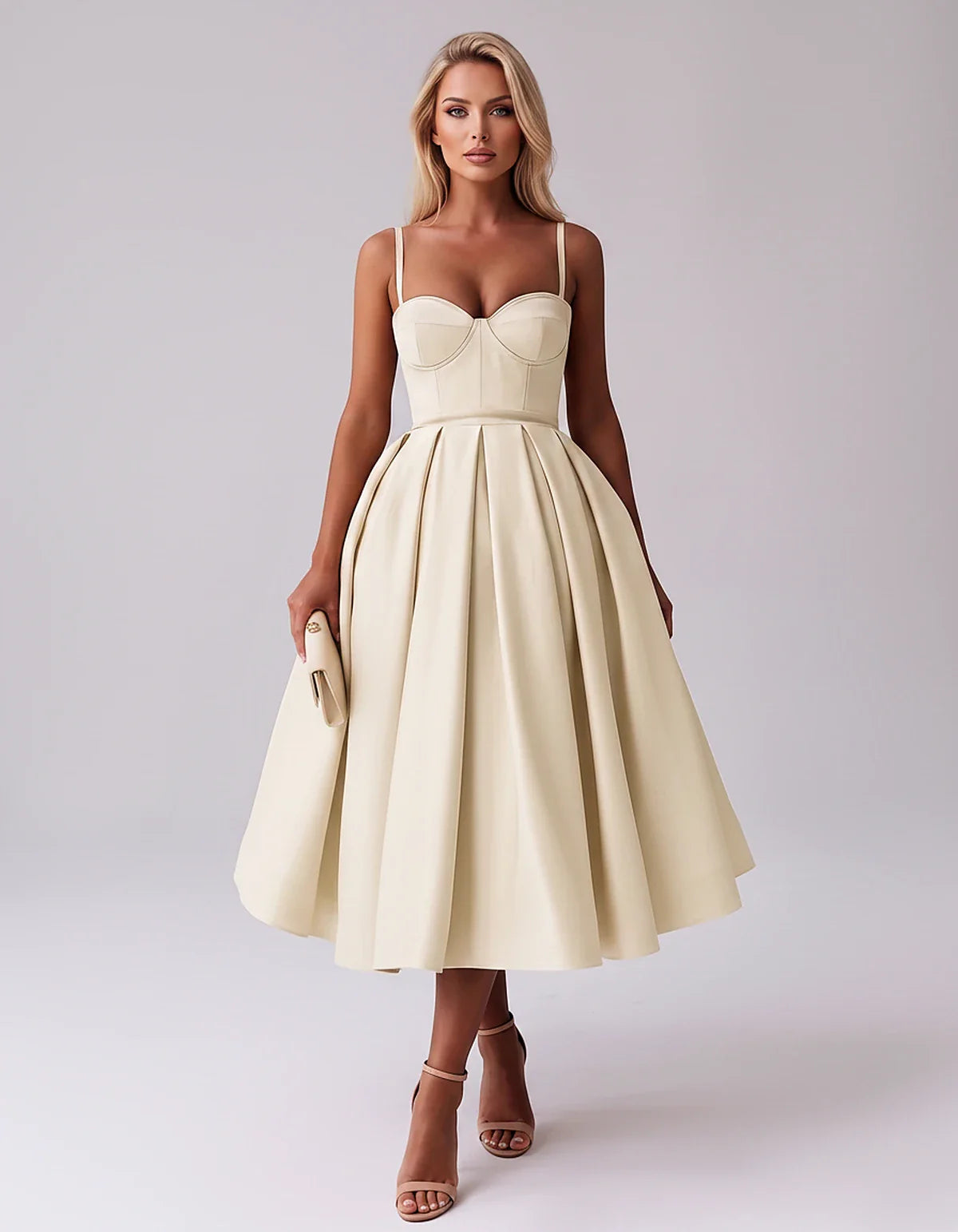 Tea Length Satin Spaghetti Strap Sweetheart A-Line Midi Dress for Party, Cocktail, Evening, Wedding Guest & Formal Events Sum | SKU: MD-482913750618392-CHAMPAGNE-L,MD-482913750618392-CHAMPAGNE-M,MD-482913750618392-CHAMPAGNE-S,MD-482913750618392-CHAMPAGNE-XL,MD-482913750618392-CHAMPAGNE-XS
