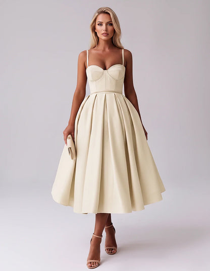 Tea Length Satin Spaghetti Strap Sweetheart A-Line Midi Dress for Party, Cocktail, Evening, Wedding Guest & Formal Events Sum | SKU: MD-482913750618392-CHAMPAGNE-L,MD-482913750618392-CHAMPAGNE-M,MD-482913750618392-CHAMPAGNE-S,MD-482913750618392-CHAMPAGNE-XL,MD-482913750618392-CHAMPAGNE-XS