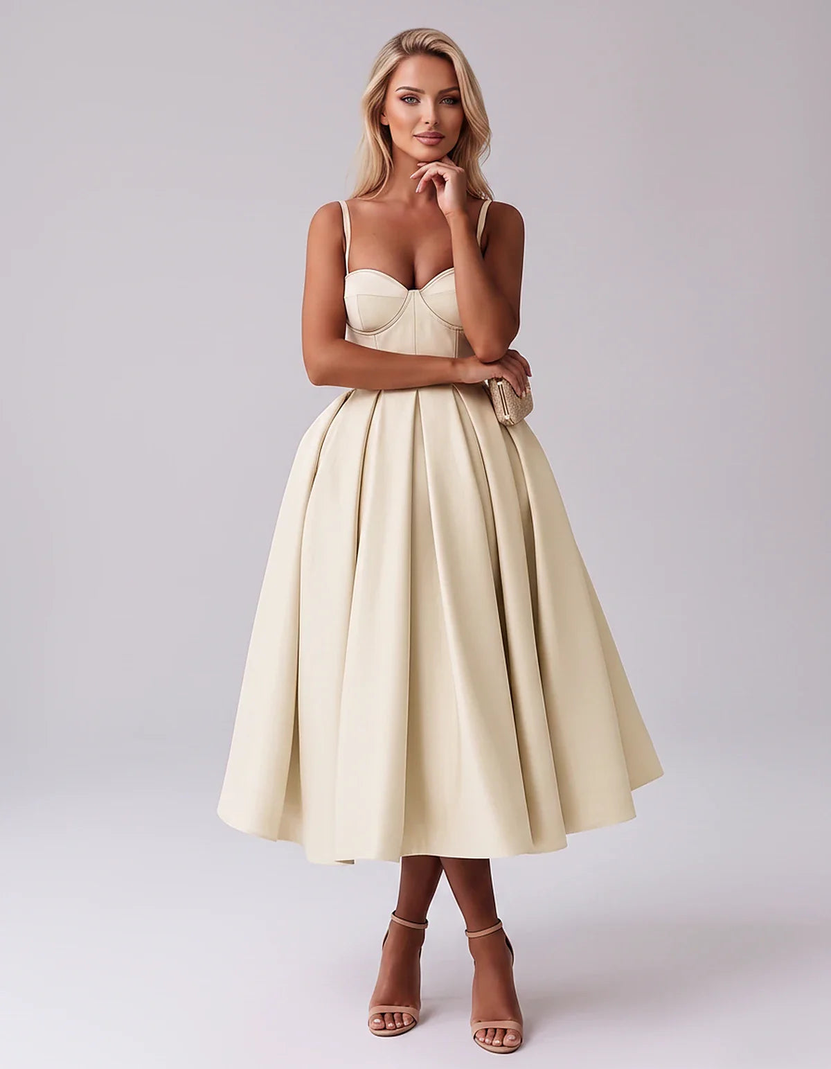 Tea Length Satin Spaghetti Strap Sweetheart A-Line Midi Dress for Party, Cocktail, Evening, Wedding Guest & Formal Events Sum | SKU: MD-482913750618392-CHAMPAGNE-L,MD-482913750618392-CHAMPAGNE-M,MD-482913750618392-CHAMPAGNE-S,MD-482913750618392-CHAMPAGNE-XL,MD-482913750618392-CHAMPAGNE-XS