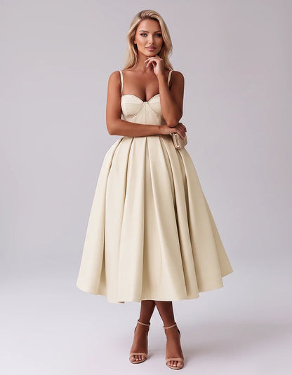 Tea Length Satin Spaghetti Strap Sweetheart A-Line Midi Dress for Party, Cocktail, Evening, Wedding Guest & Formal Events Sum | SKU: MD-482913750618392-CHAMPAGNE-L,MD-482913750618392-CHAMPAGNE-M,MD-482913750618392-CHAMPAGNE-S,MD-482913750618392-CHAMPAGNE-XL,MD-482913750618392-CHAMPAGNE-XS