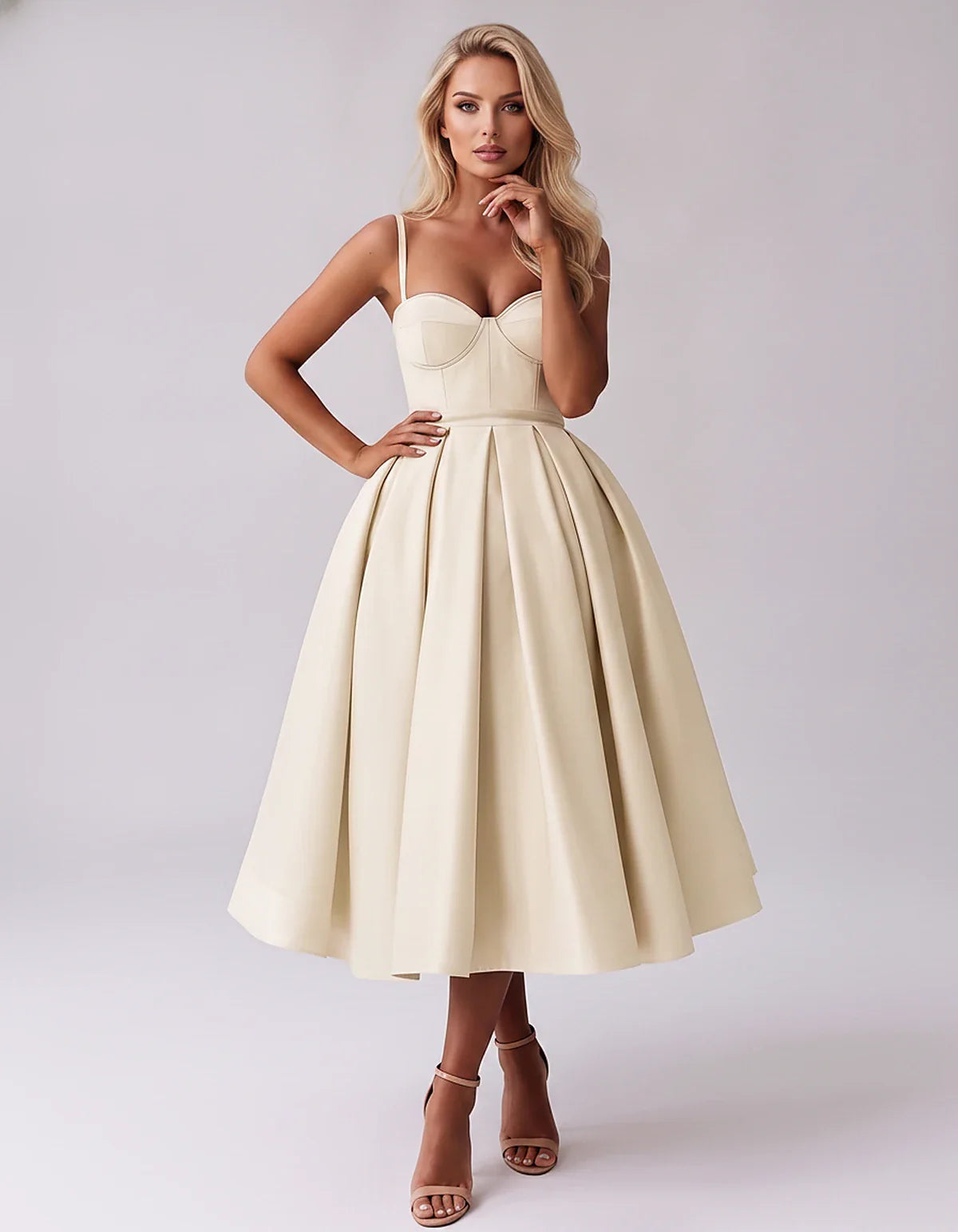 Tea Length Satin Spaghetti Strap Sweetheart A-Line Midi Dress for Party, Cocktail, Evening, Wedding Guest & Formal Events Sum | SKU: MD-482913750618392-CHAMPAGNE-L,MD-482913750618392-CHAMPAGNE-M,MD-482913750618392-CHAMPAGNE-S,MD-482913750618392-CHAMPAGNE-XL,MD-482913750618392-CHAMPAGNE-XS