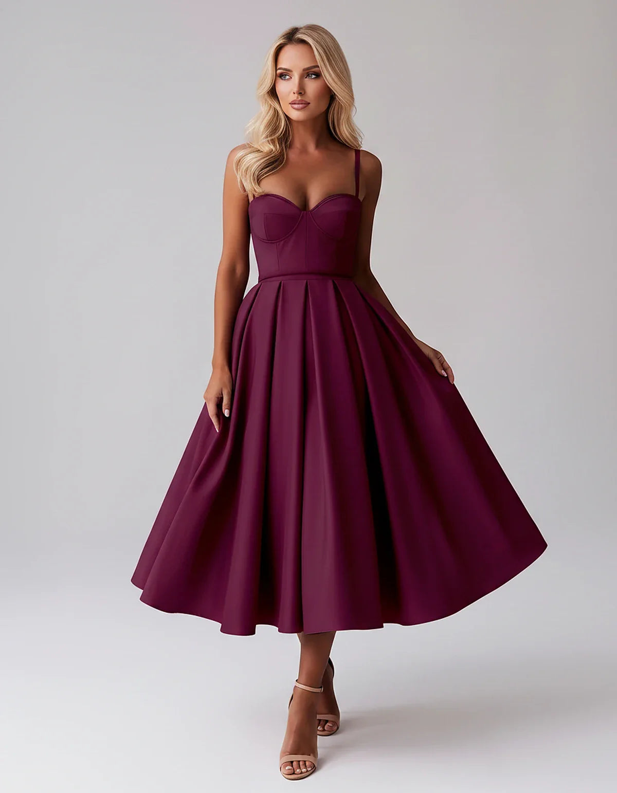 Tea Length Satin Spaghetti Strap Sweetheart A-Line Midi Dress for Party, Cocktail, Evening, Wedding Guest & Formal Events Sum | SKU: MD-482913750618392-PLUM-L,MD-482913750618392-PLUM-M,MD-482913750618392-PLUM-S,MD-482913750618392-PLUM-XL,MD-482913750618392-PLUM-XS