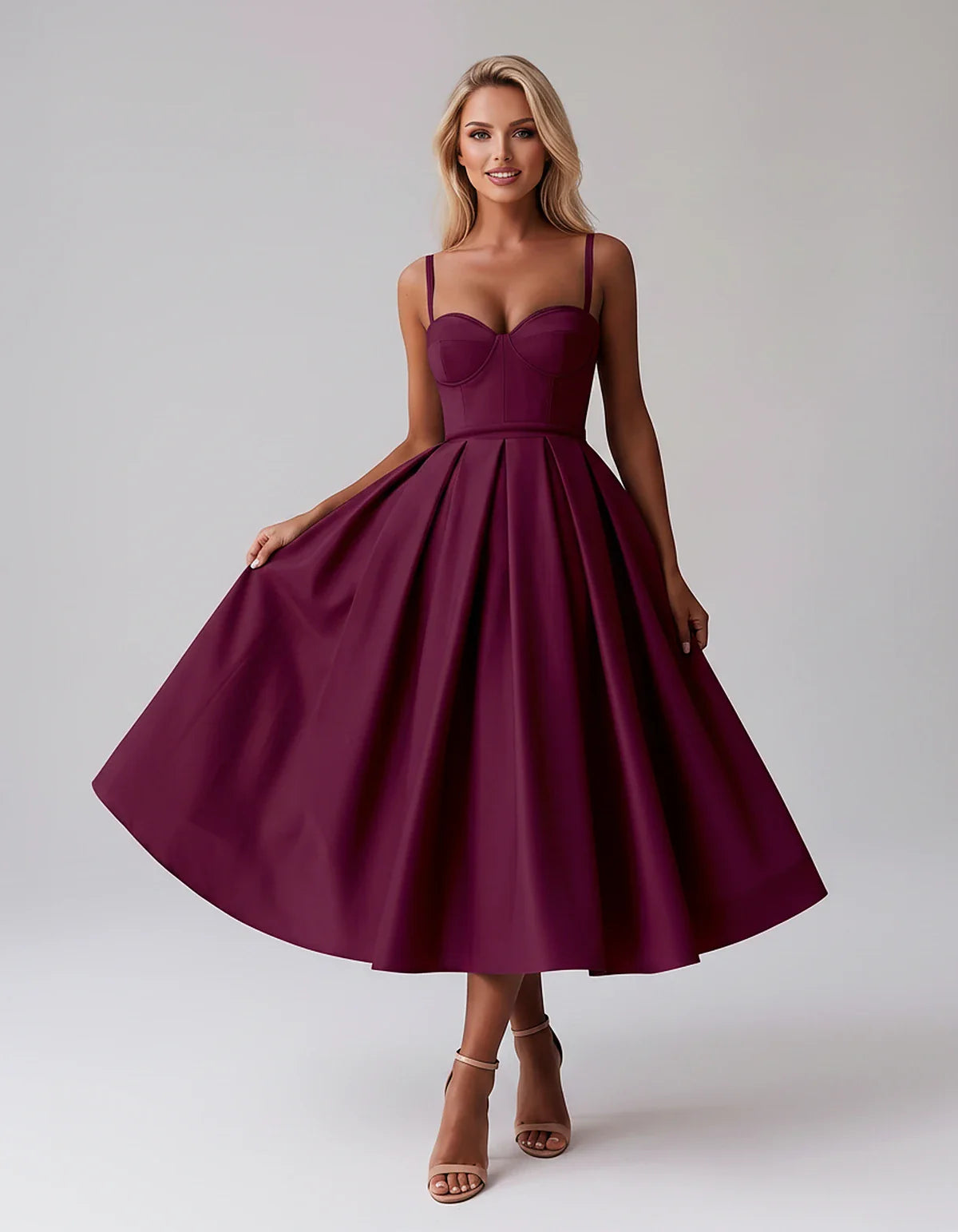 Tea Length Satin Spaghetti Strap Sweetheart A-Line Midi Dress for Party, Cocktail, Evening, Wedding Guest & Formal Events Sum | SKU: MD-482913750618392-PLUM-L,MD-482913750618392-PLUM-M,MD-482913750618392-PLUM-S,MD-482913750618392-PLUM-XL,MD-482913750618392-PLUM-XS