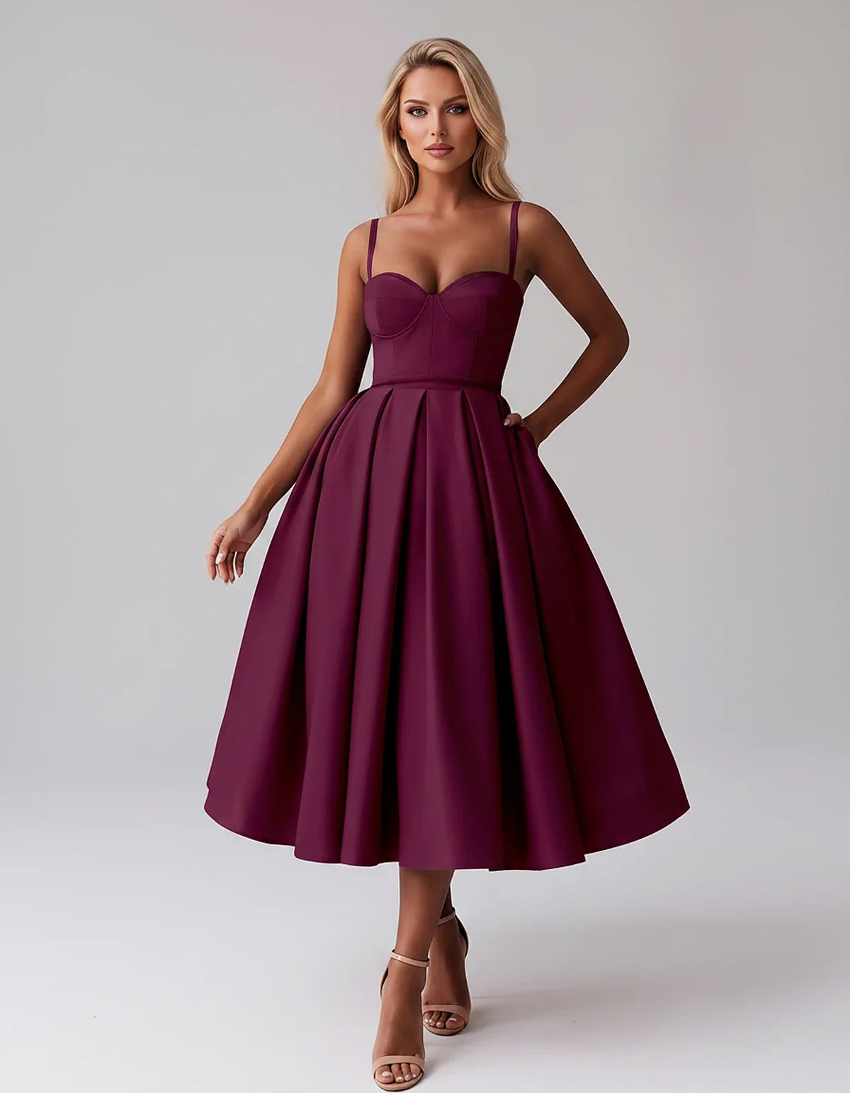 Tea Length Satin Spaghetti Strap Sweetheart A-Line Midi Dress for Party, Cocktail, Evening, Wedding Guest & Formal Events Sum | SKU: MD-482913750618392-PLUM-L,MD-482913750618392-PLUM-M,MD-482913750618392-PLUM-S,MD-482913750618392-PLUM-XL,MD-482913750618392-PLUM-XS