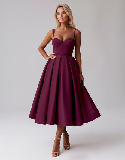 Tea Length Satin Spaghetti Strap Sweetheart A-Line Midi Dress for Party, Cocktail, Evening, Wedding Guest & Formal Events Sum | SKU: MD-482913750618392-PLUM-L,MD-482913750618392-PLUM-M,MD-482913750618392-PLUM-S,MD-482913750618392-PLUM-XL,MD-482913750618392-PLUM-XS