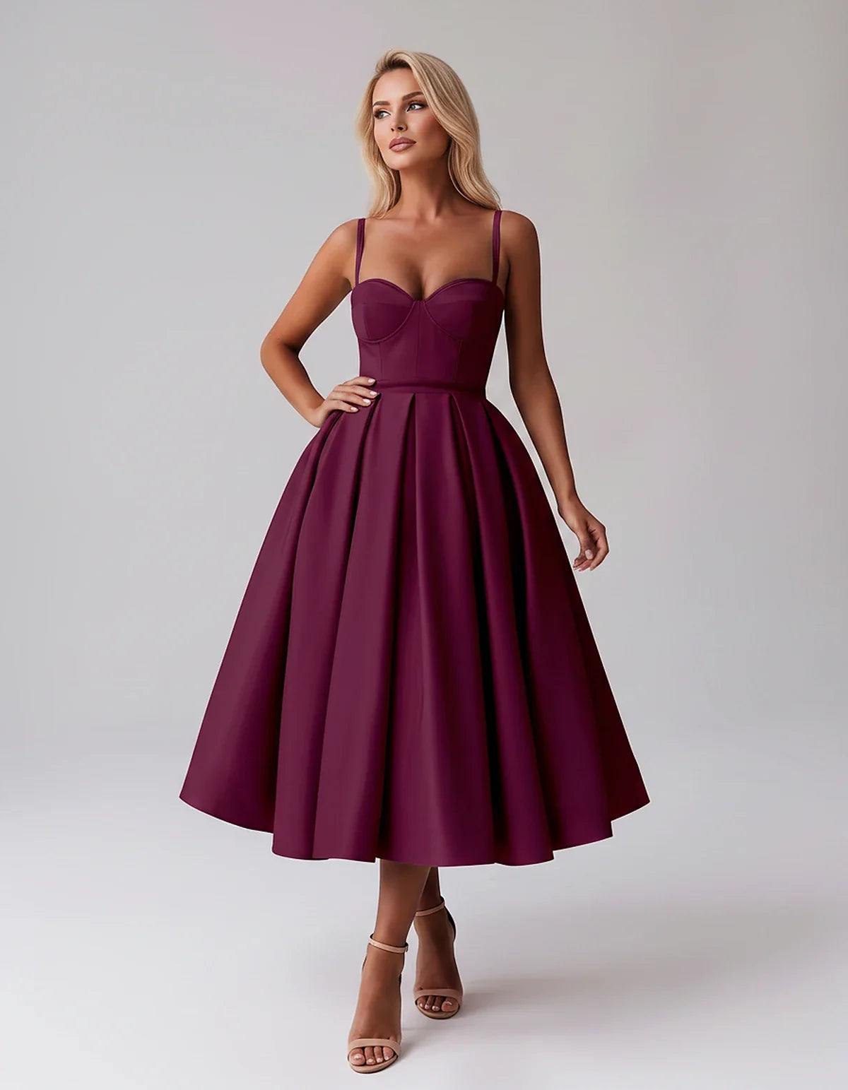 Tea Length Satin Spaghetti Strap Sweetheart A-Line Midi Dress for Party, Cocktail, Evening, Wedding Guest & Formal Events Sum | SKU: MD-482913750618392-PLUM-L,MD-482913750618392-PLUM-M,MD-482913750618392-PLUM-S,MD-482913750618392-PLUM-XL,MD-482913750618392-PLUM-XS