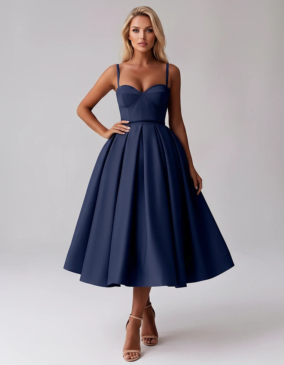Tea Length Satin Spaghetti Strap Sweetheart A-Line Midi Dress for Party, Cocktail, Evening, Wedding Guest & Formal Events Sum | SKU: MD-482913750618392-NAVY-L,MD-482913750618392-NAVY-M,MD-482913750618392-NAVY-S,MD-482913750618392-NAVY-XL,MD-482913750618392-NAVY-XS