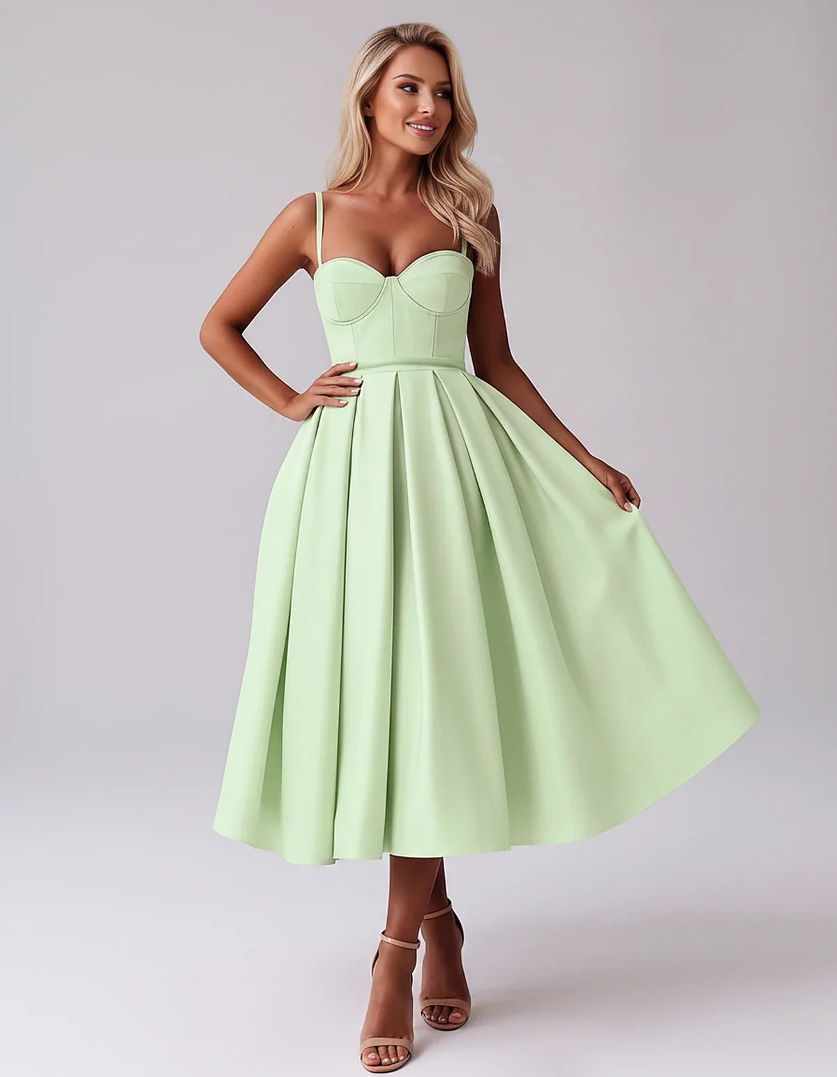 Tea Length Satin Spaghetti Strap Sweetheart A-Line Midi Dress for Party, Cocktail, Evening, Wedding Guest & Formal Events Sum | SKU: MD-482913750618392-MINT-L,MD-482913750618392-MINT-M,MD-482913750618392-MINT-S,MD-482913750618392-MINT-XL,MD-482913750618392-MINT-XS