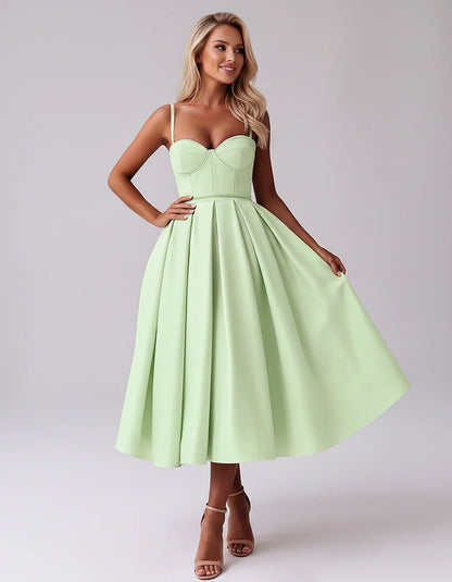 Tea Length Satin Spaghetti Strap Sweetheart A-Line Midi Dress for Party, Cocktail, Evening, Wedding Guest & Formal Events Sum | SKU: MD-482913750618392-MINT-L,MD-482913750618392-MINT-M,MD-482913750618392-MINT-S,MD-482913750618392-MINT-XL,MD-482913750618392-MINT-XS