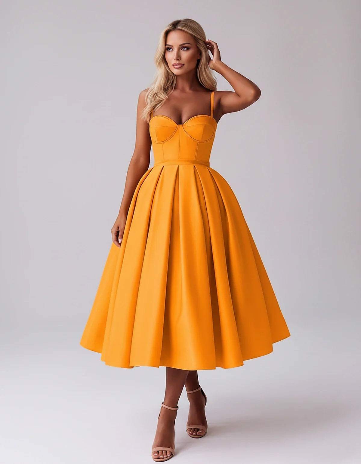 Tea Length Satin Spaghetti Strap Sweetheart A-Line Midi Dress for Party, Cocktail, Evening, Wedding Guest & Formal Events Sum | SKU: MD-482913750618392-ORANGE-L,MD-482913750618392-ORANGE-M,MD-482913750618392-ORANGE-S,MD-482913750618392-ORANGE-XL,MD-482913750618392-ORANGE-XS