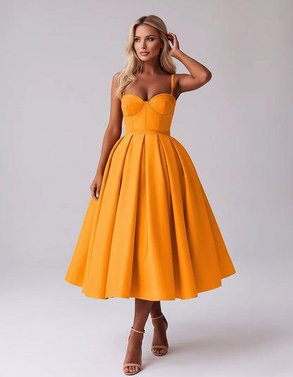 Tea Length Satin Spaghetti Strap Sweetheart A-Line Midi Dress for Party, Cocktail, Evening, Wedding Guest & Formal Events Sum | SKU: MD-482913750618392-ORANGE-L,MD-482913750618392-ORANGE-M,MD-482913750618392-ORANGE-S,MD-482913750618392-ORANGE-XL,MD-482913750618392-ORANGE-XS
