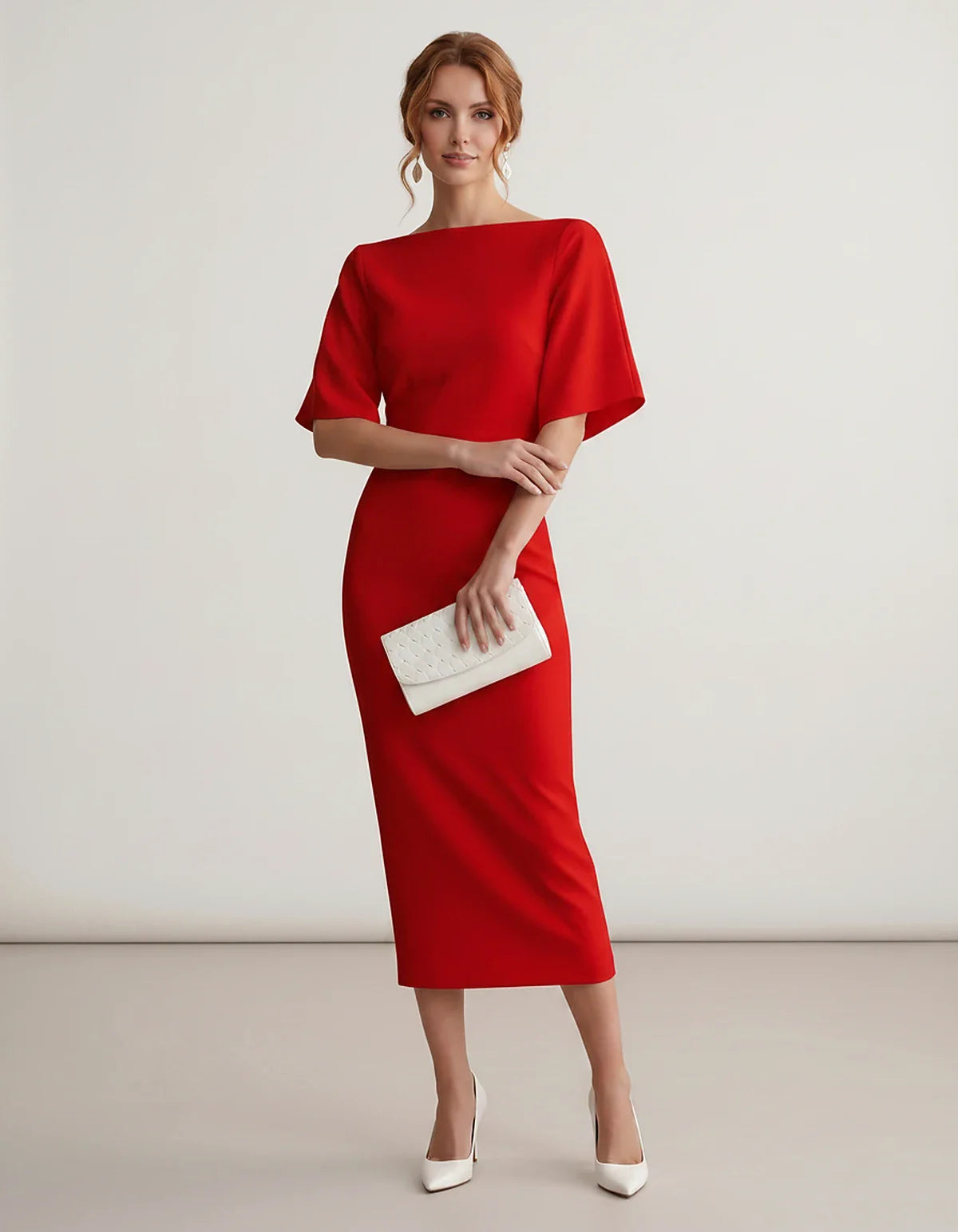 Polyester Short Sleeve Slash Neck Pencil Midi Dress for Party, Cocktail, Evening, Wedding Guest, Summer Events, front view | | SKU: AMD-583920174628451-RED-L,AMD-583920174628451-RED-M,AMD-583920174628451-RED-S,AMD-583920174628451-RED-XL,AMD-583920174628451-RED-XS