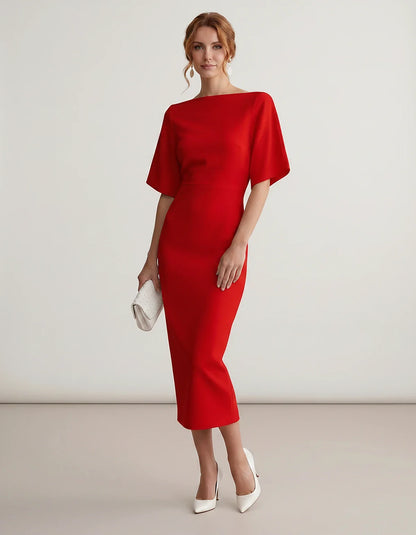 Polyester Short Sleeve Slash Neck Pencil Midi Dress for Party, Cocktail, Evening, Wedding Guest, Summer Events, front view | | SKU: AMD-583920174628451-RED-L,AMD-583920174628451-RED-M,AMD-583920174628451-RED-S,AMD-583920174628451-RED-XL,AMD-583920174628451-RED-XS