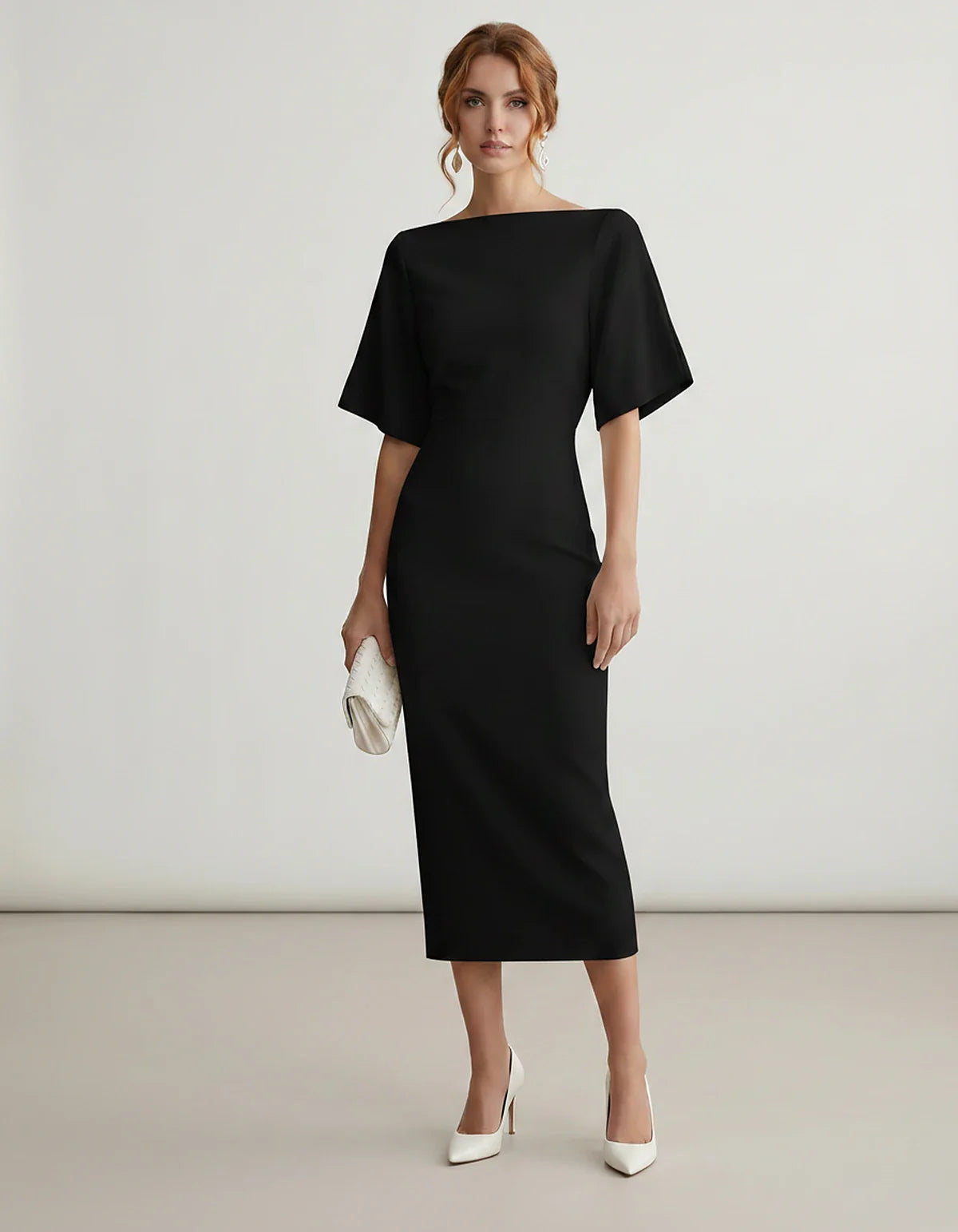Polyester Short Sleeve Slash Neck Pencil Midi Dress for Party, Cocktail, Evening, Wedding Guest, Summer Events in Black, fron