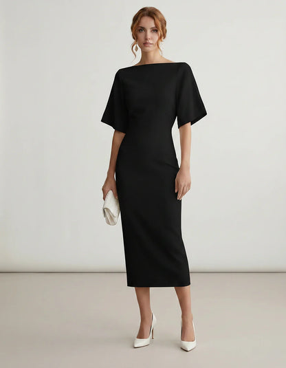 Polyester Short Sleeve Slash Neck Pencil Midi Dress for Party, Cocktail, Evening, Wedding Guest, Summer Events in Black, fron