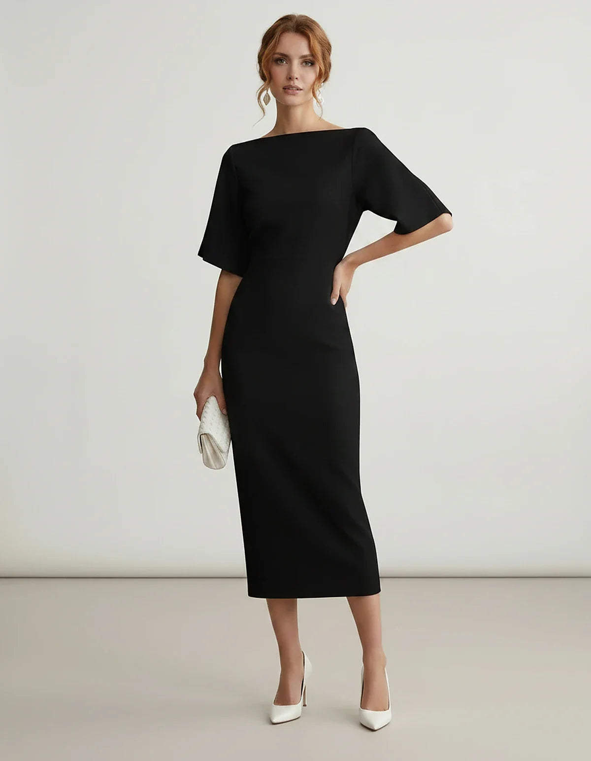 Polyester Short Sleeve Slash Neck Pencil Midi Dress for Party, Cocktail, Evening, Wedding Guest, Summer Events, front view | | SKU: AMD-583920174628451-BLACK-L,AMD-583920174628451-BLACK-M,AMD-583920174628451-BLACK-S,AMD-583920174628451-BLACK-XL,AMD-583920174628451-BLACK-XS