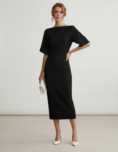 Polyester Short Sleeve Slash Neck Pencil Midi Dress for Party, Cocktail, Evening, Wedding Guest, Summer Events, front view | | SKU: AMD-583920174628451-BLACK-L,AMD-583920174628451-BLACK-M,AMD-583920174628451-BLACK-S,AMD-583920174628451-BLACK-XL,AMD-583920174628451-BLACK-XS