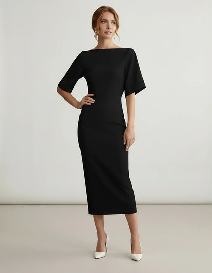 Polyester Short Sleeve Slash Neck Pencil Midi Dress for Party, Cocktail, Evening, Wedding Guest, Summer Events, front view | | SKU: AMD-583920174628451-BLACK-L,AMD-583920174628451-BLACK-M,AMD-583920174628451-BLACK-S,AMD-583920174628451-BLACK-XL,AMD-583920174628451-BLACK-XS