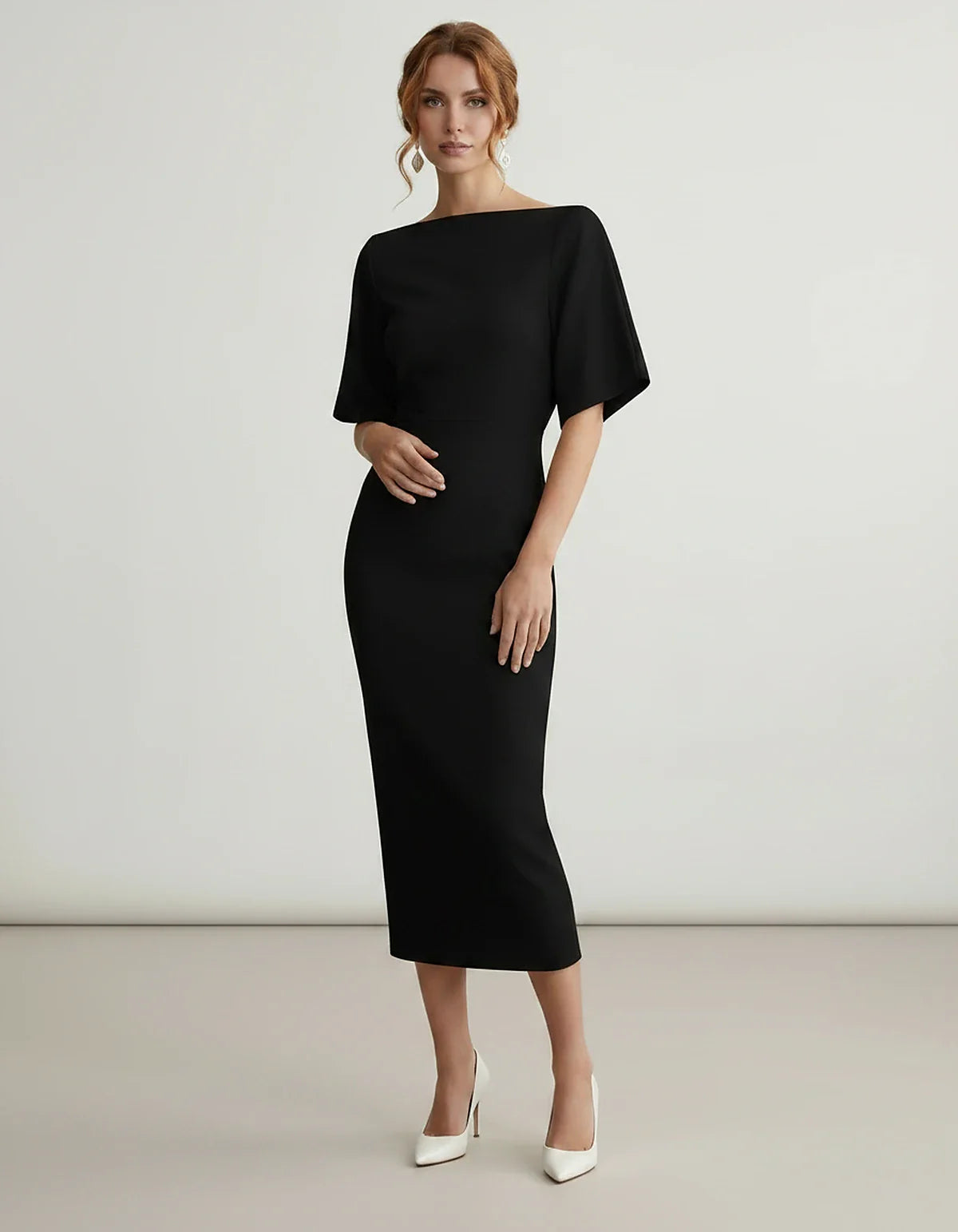 Polyester Short Sleeve Slash Neck Pencil Midi Dress for Party, Cocktail, Evening, Wedding Guest, Summer Events, front view | | SKU: AMD-583920174628451-BLACK-L,AMD-583920174628451-BLACK-M,AMD-583920174628451-BLACK-S,AMD-583920174628451-BLACK-XL,AMD-583920174628451-BLACK-XS
