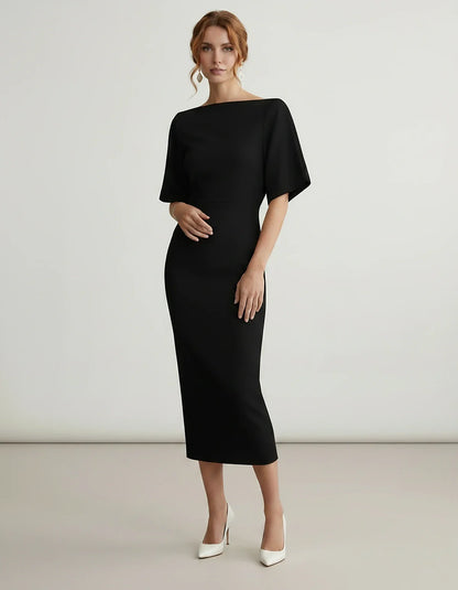 Polyester Short Sleeve Slash Neck Pencil Midi Dress for Party, Cocktail, Evening, Wedding Guest, Summer Events, front view | | SKU: AMD-583920174628451-BLACK-L,AMD-583920174628451-BLACK-M,AMD-583920174628451-BLACK-S,AMD-583920174628451-BLACK-XL,AMD-583920174628451-BLACK-XS