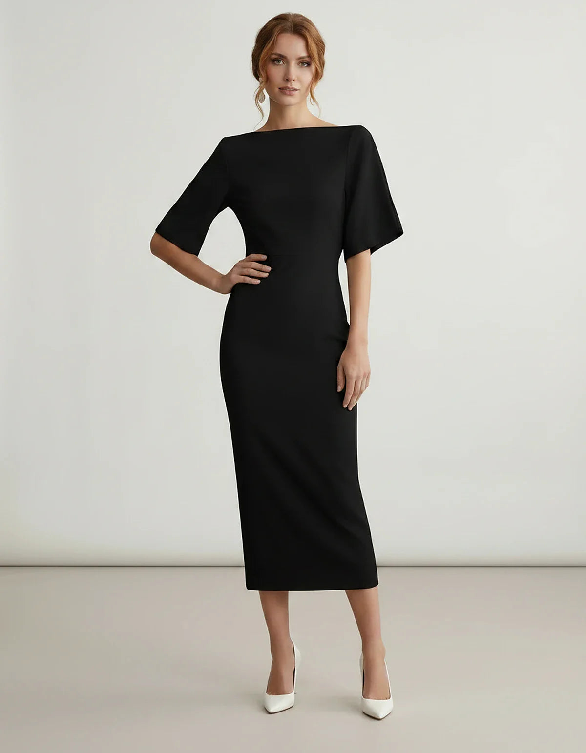 Polyester Short Sleeve Slash Neck Pencil Midi Dress for Party, Cocktail, Evening, Wedding Guest, Summer Events, front view | | SKU: AMD-583920174628451-BLACK-L,AMD-583920174628451-BLACK-M,AMD-583920174628451-BLACK-S,AMD-583920174628451-BLACK-XL,AMD-583920174628451-BLACK-XS