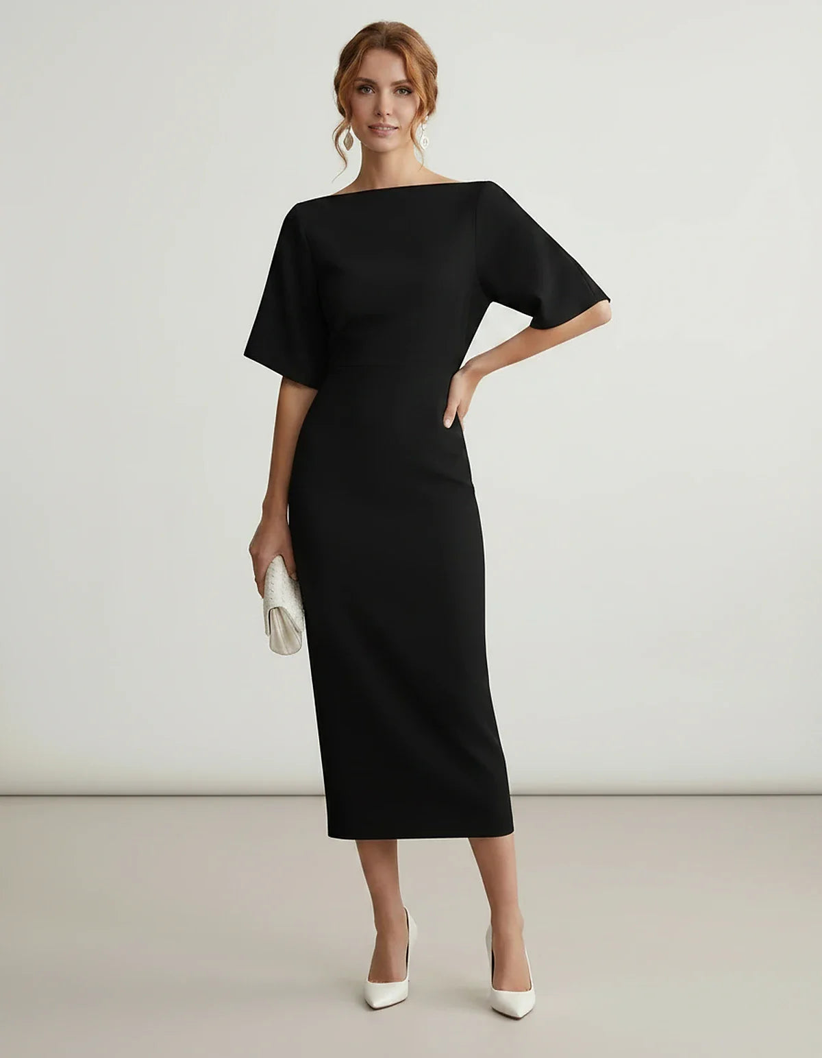 Polyester Short Sleeve Slash Neck Pencil Midi Dress for Party, Cocktail, Evening, Wedding Guest, Summer Events, front view | | SKU: AMD-583920174628451-BLACK-L,AMD-583920174628451-BLACK-M,AMD-583920174628451-BLACK-S,AMD-583920174628451-BLACK-XL,AMD-583920174628451-BLACK-XS