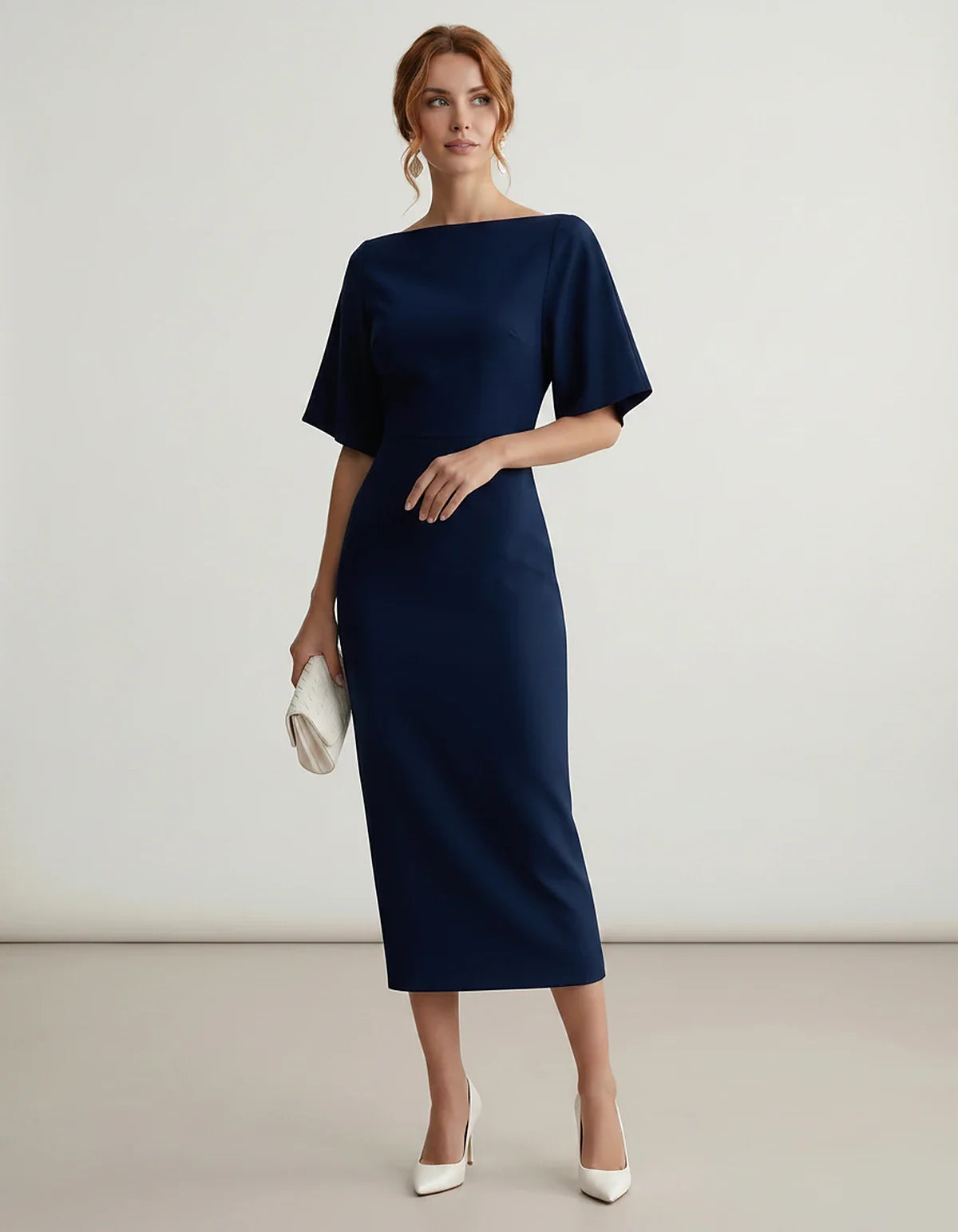 Polyester Short Sleeve Slash Neck Pencil Midi Dress for Party, Cocktail, Evening, Wedding Guest, Summer Events, front view | | SKU: AMD-583920174628451-NAVY-L,AMD-583920174628451-NAVY-M,AMD-583920174628451-NAVY-S,AMD-583920174628451-NAVY-XL,AMD-583920174628451-NAVY-XS