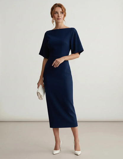 Polyester Short Sleeve Slash Neck Pencil Midi Dress for Party, Cocktail, Evening, Wedding Guest, Summer Events, front view | | SKU: AMD-583920174628451-NAVY-L,AMD-583920174628451-NAVY-M,AMD-583920174628451-NAVY-S,AMD-583920174628451-NAVY-XL,AMD-583920174628451-NAVY-XS