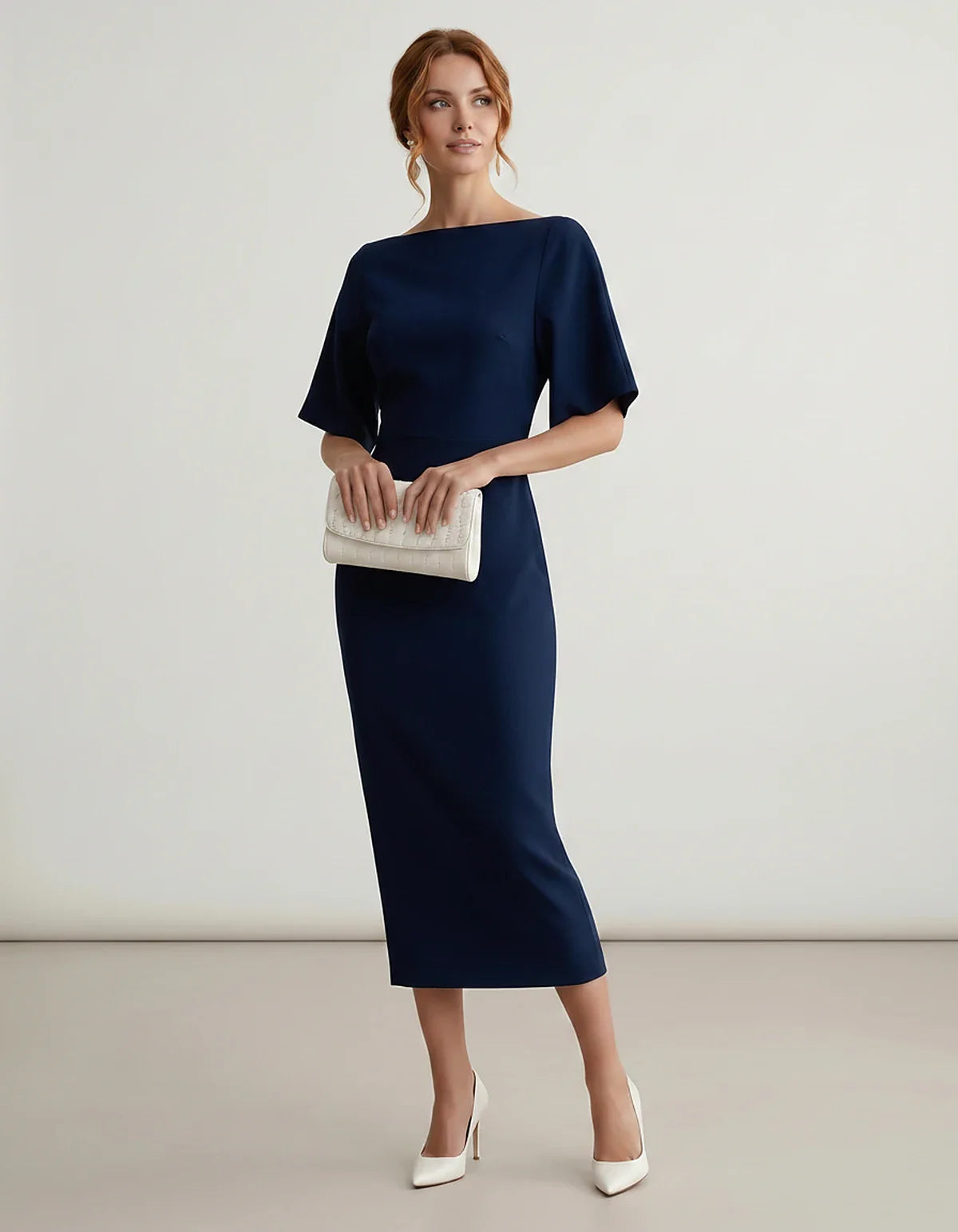 Polyester Short Sleeve Slash Neck Pencil Midi Dress for Party, Cocktail, Evening, Wedding Guest, Summer Events, front view | | SKU: AMD-583920174628451-NAVY-L,AMD-583920174628451-NAVY-M,AMD-583920174628451-NAVY-S,AMD-583920174628451-NAVY-XL,AMD-583920174628451-NAVY-XS