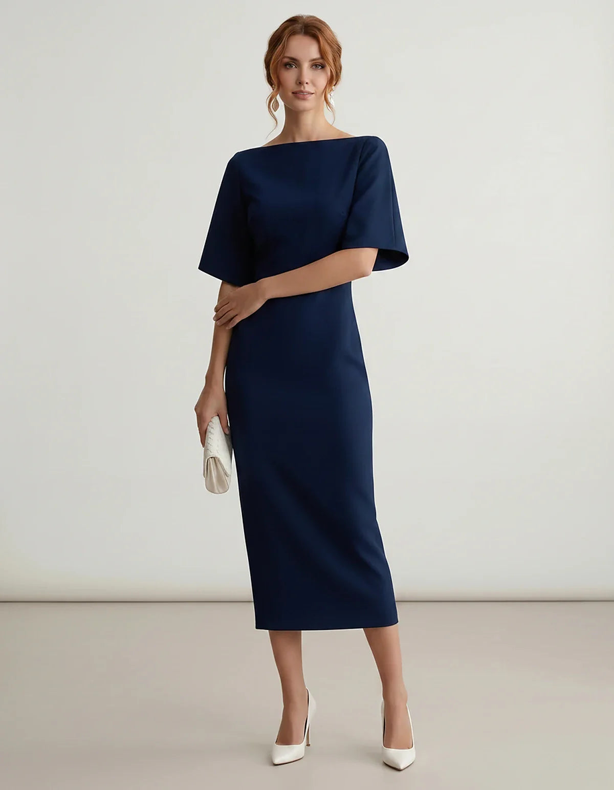 Polyester Short Sleeve Slash Neck Pencil Midi Dress for Party, Cocktail, Evening, Wedding Guest, Summer Events, front view | | SKU: AMD-583920174628451-NAVY-L,AMD-583920174628451-NAVY-M,AMD-583920174628451-NAVY-S,AMD-583920174628451-NAVY-XL,AMD-583920174628451-NAVY-XS