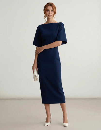 Polyester Short Sleeve Slash Neck Pencil Midi Dress for Party, Cocktail, Evening, Wedding Guest, Summer Events, front view | | SKU: AMD-583920174628451-NAVY-L,AMD-583920174628451-NAVY-M,AMD-583920174628451-NAVY-S,AMD-583920174628451-NAVY-XL,AMD-583920174628451-NAVY-XS