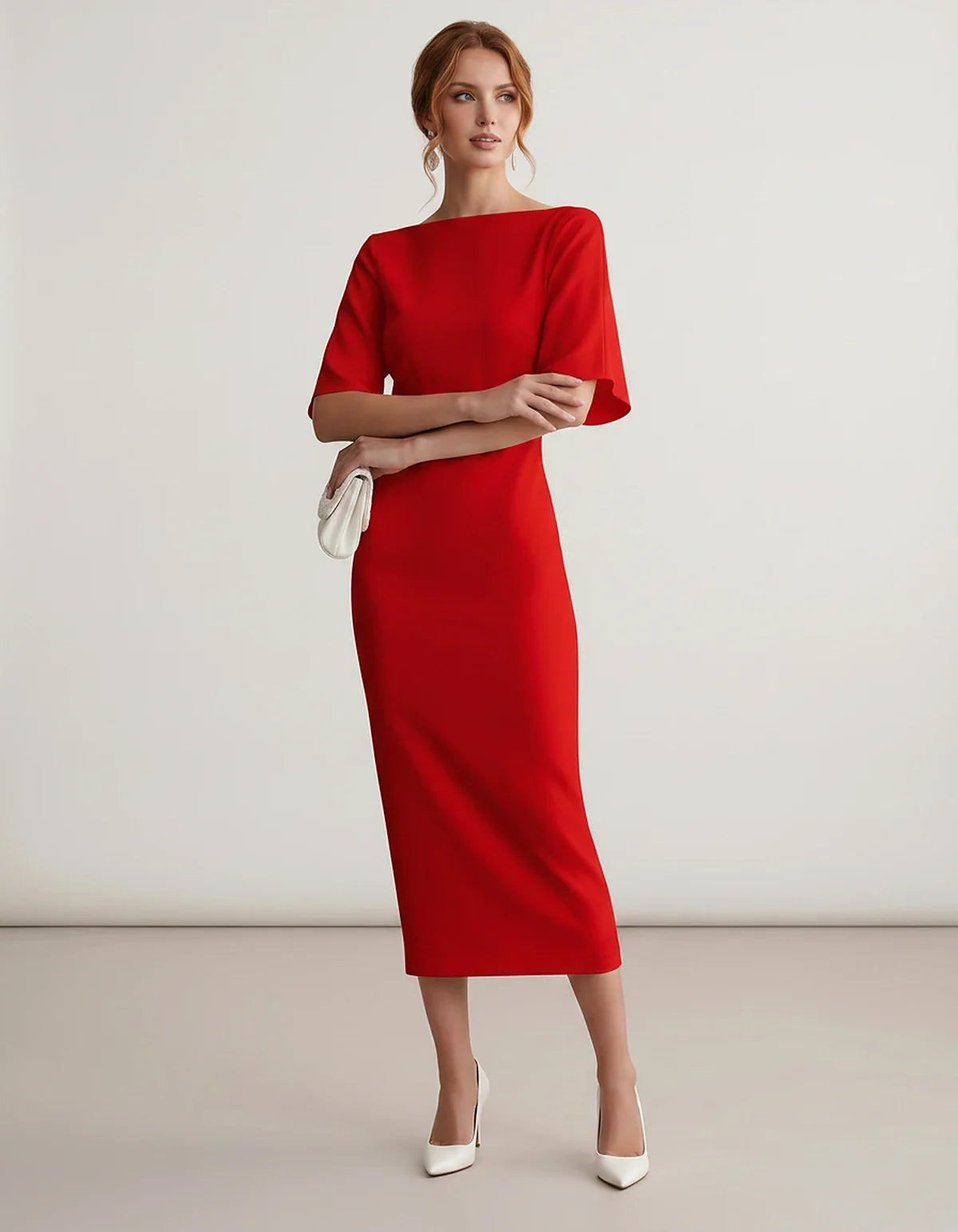 Polyester Short Sleeve Slash Neck Pencil Midi Dress for Party, Cocktail, Evening, Wedding Guest, Summer Events, front view | | SKU: AMD-583920174628451-RED-L,AMD-583920174628451-RED-M,AMD-583920174628451-RED-S,AMD-583920174628451-RED-XL,AMD-583920174628451-RED-XS
