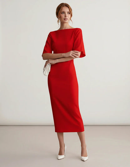 Polyester Short Sleeve Slash Neck Pencil Midi Dress for Party, Cocktail, Evening, Wedding Guest, Summer Events, front view | | SKU: AMD-583920174628451-RED-L,AMD-583920174628451-RED-M,AMD-583920174628451-RED-S,AMD-583920174628451-RED-XL,AMD-583920174628451-RED-XS